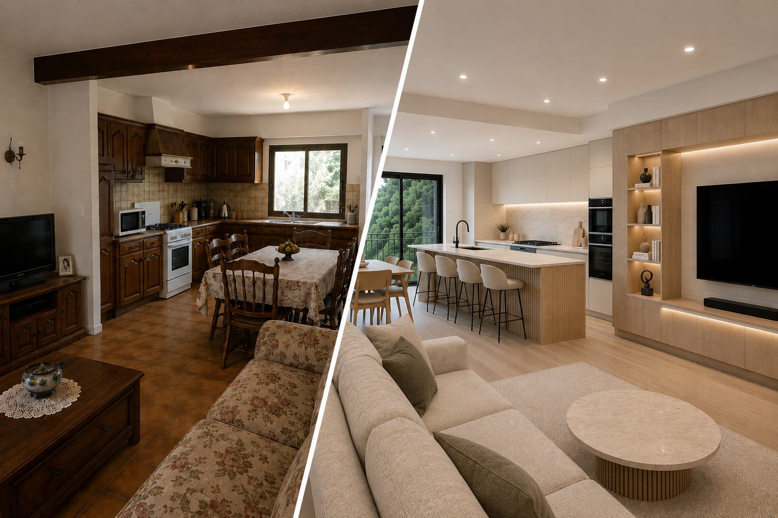Before and after custom joinery kitchen transformation by Renolux