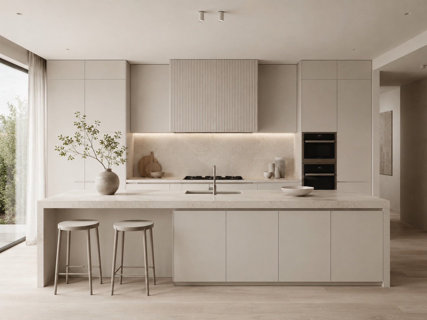 Architectural soft white kitchen with matte cabinetry and understated detail