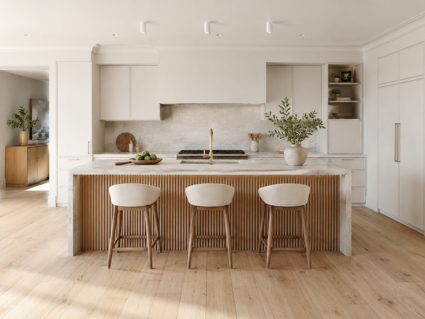 White kitchen with a timber-look fluted island front
