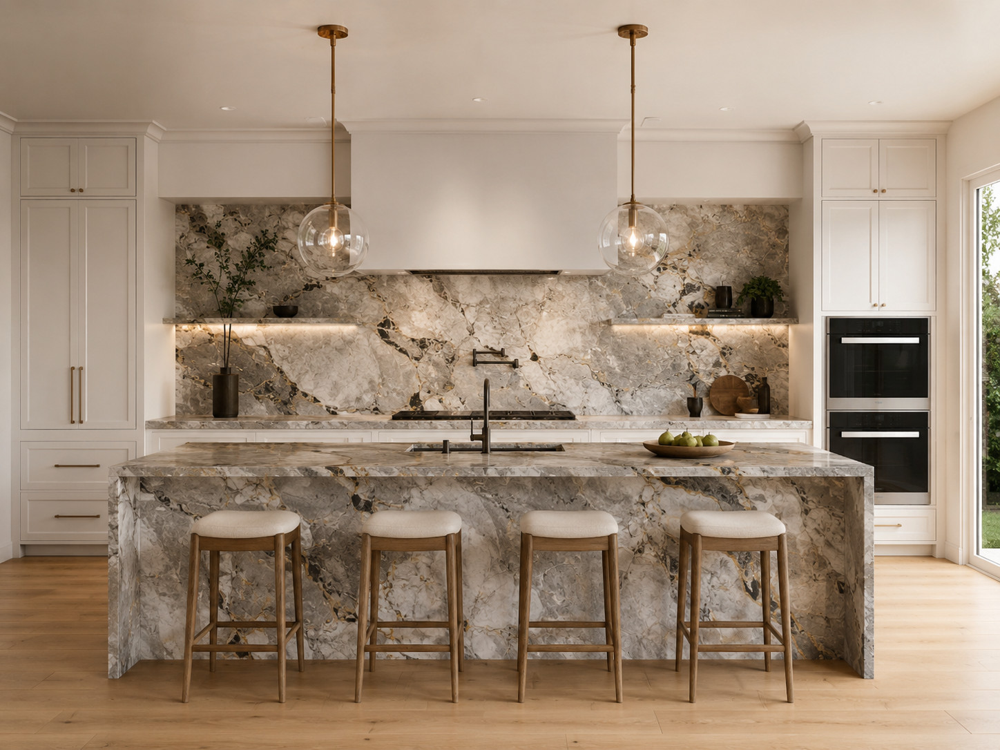 White kitchen with stone as the hero