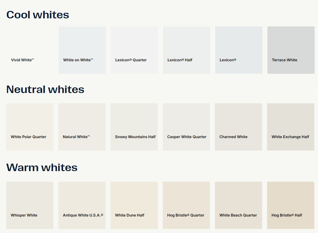 Cool whites, neutral whites and warm whites comparison for kitchen colour selection