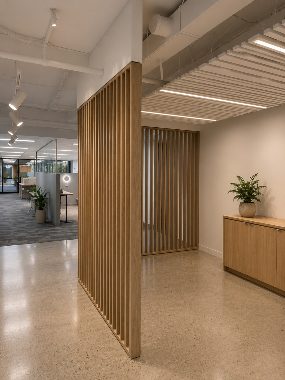 Decorative timber wall panelling for commercial office by Renolux