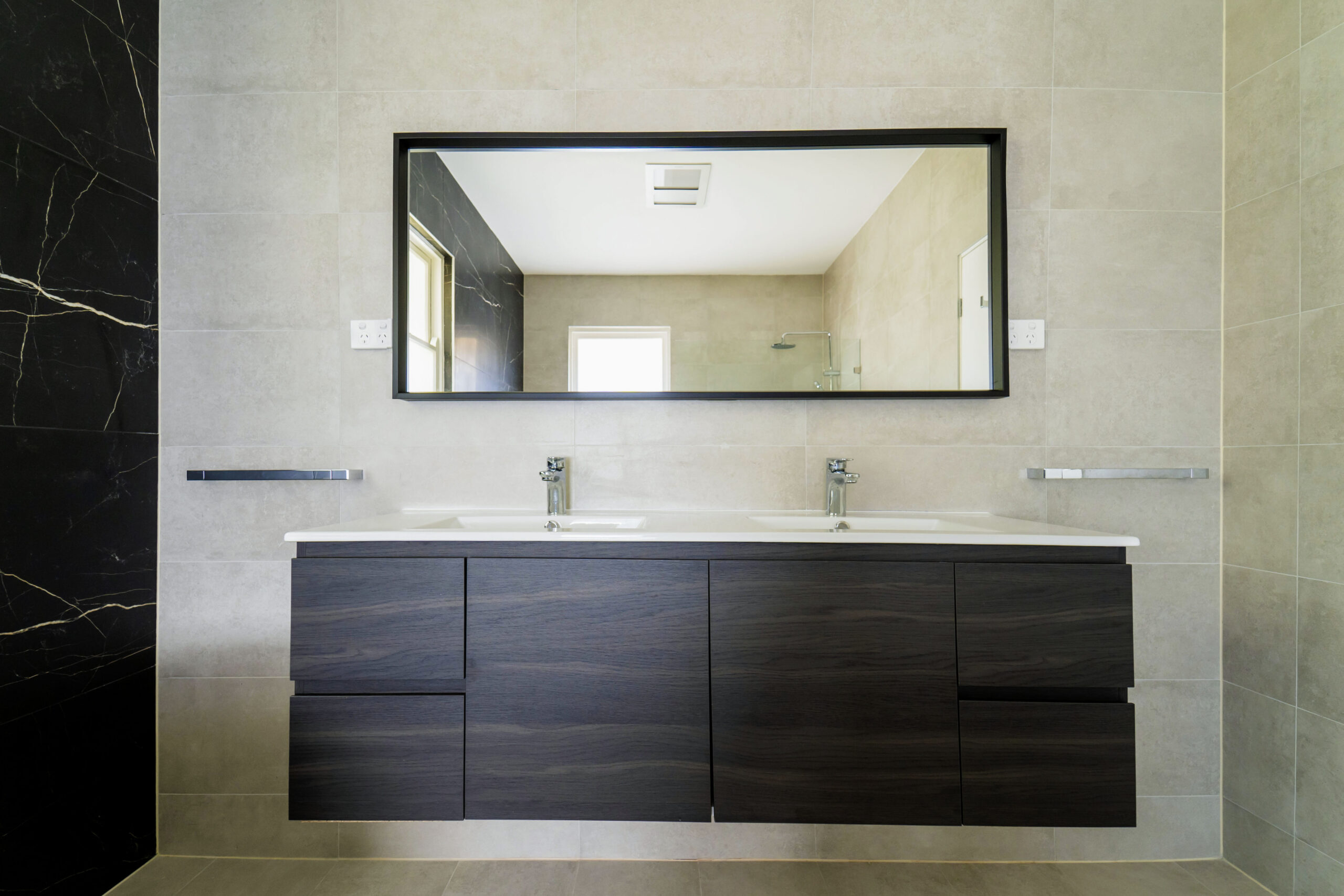 Double flat dark brown wood grain custom bathroom vanity by Renolux Sydney