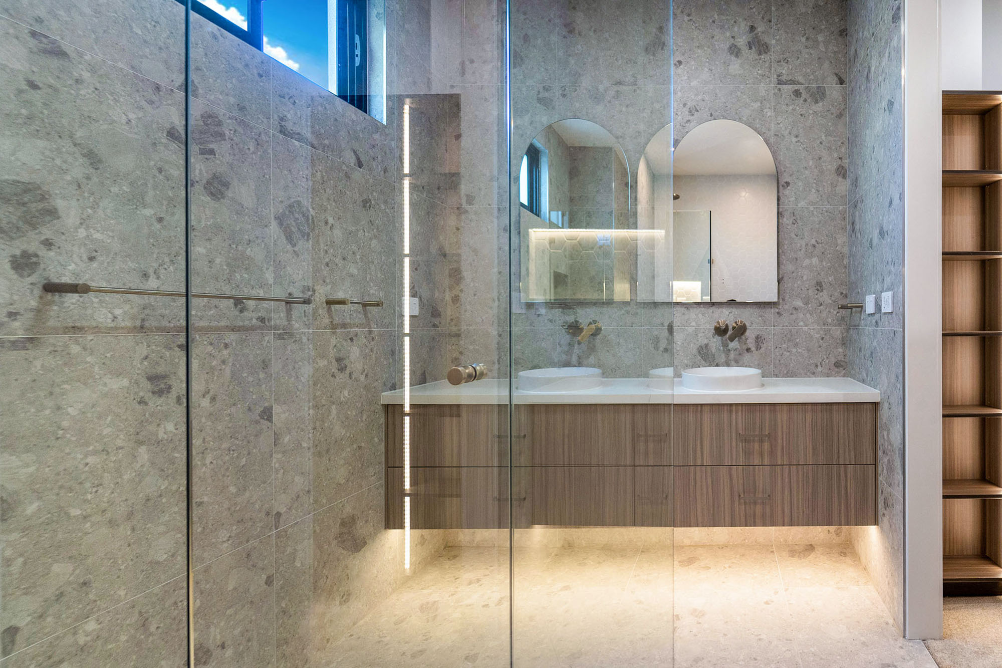 Double light walnut custom bathroom vanity by Renolux Sydney