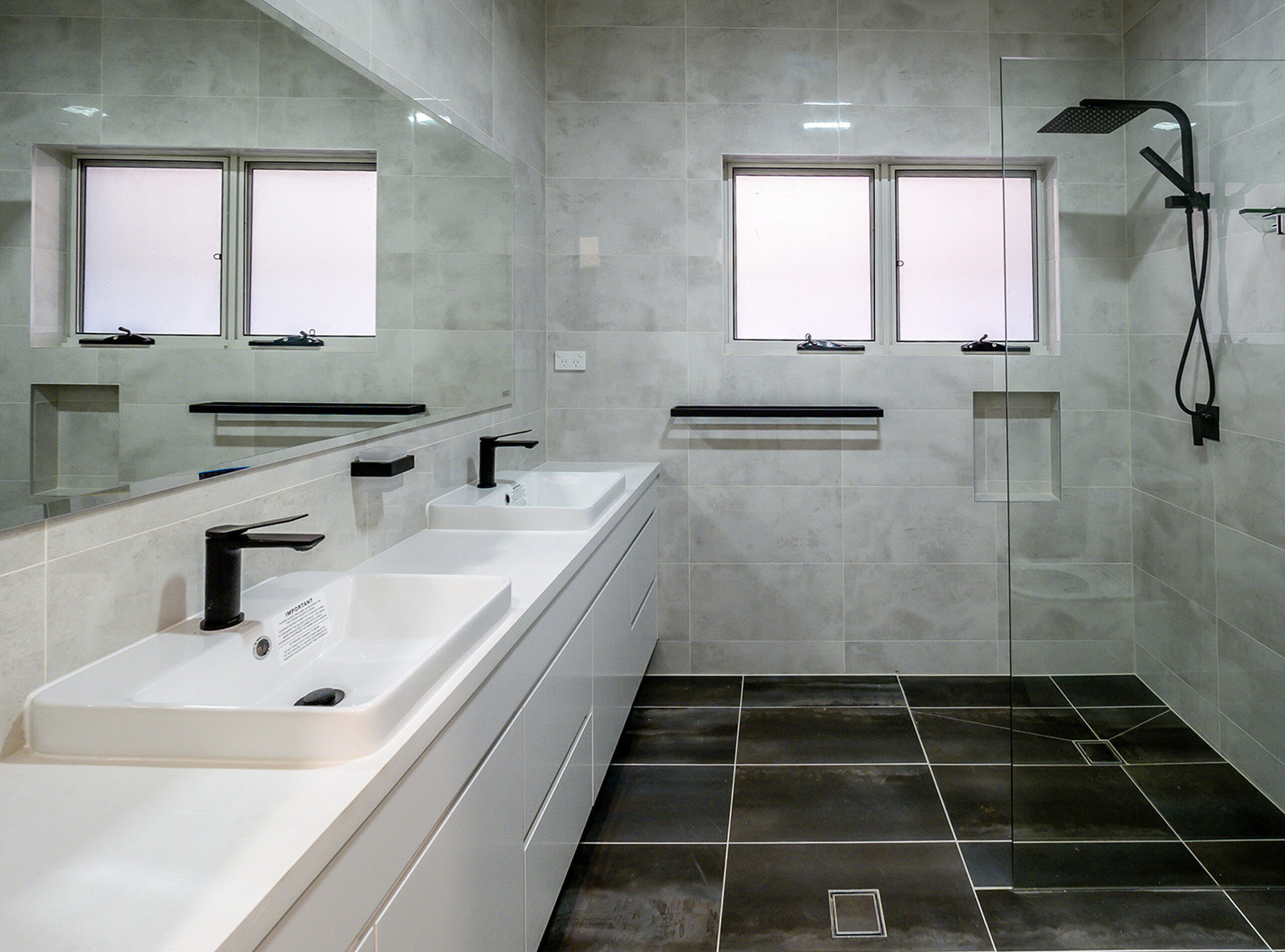 Double flat white custom bathroom vanity with clean joinery detailing