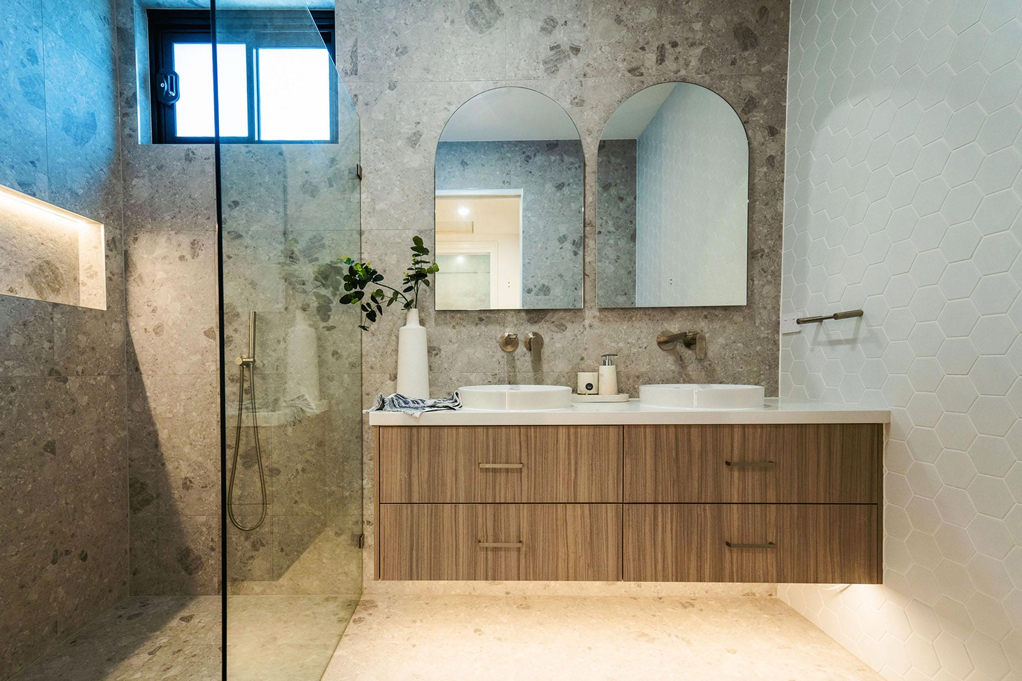 Flat light walnut custom bathroom vanity by Renolux