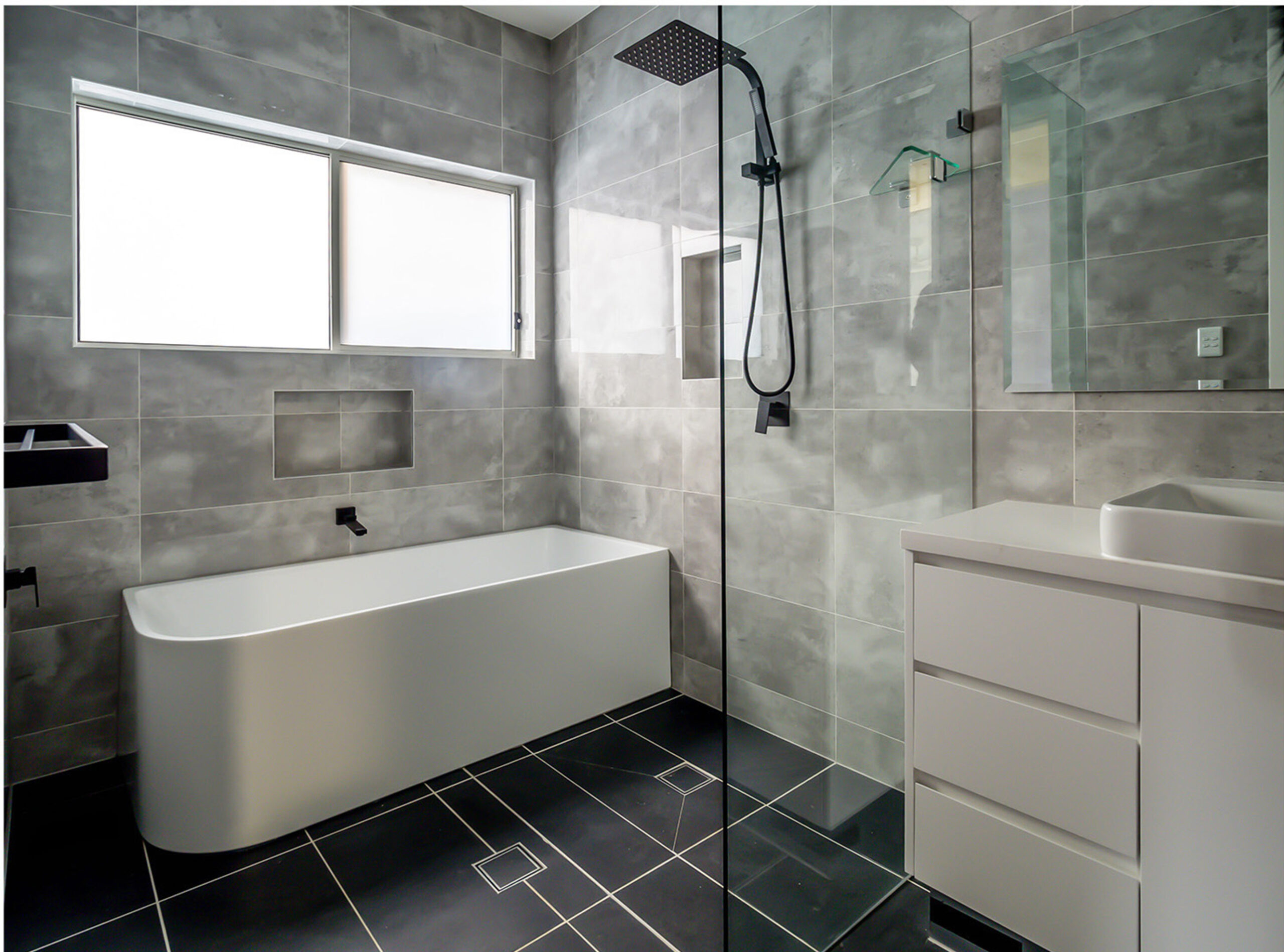 Flat white bathroom vanity with Sharknose finger pull detail by Renolux