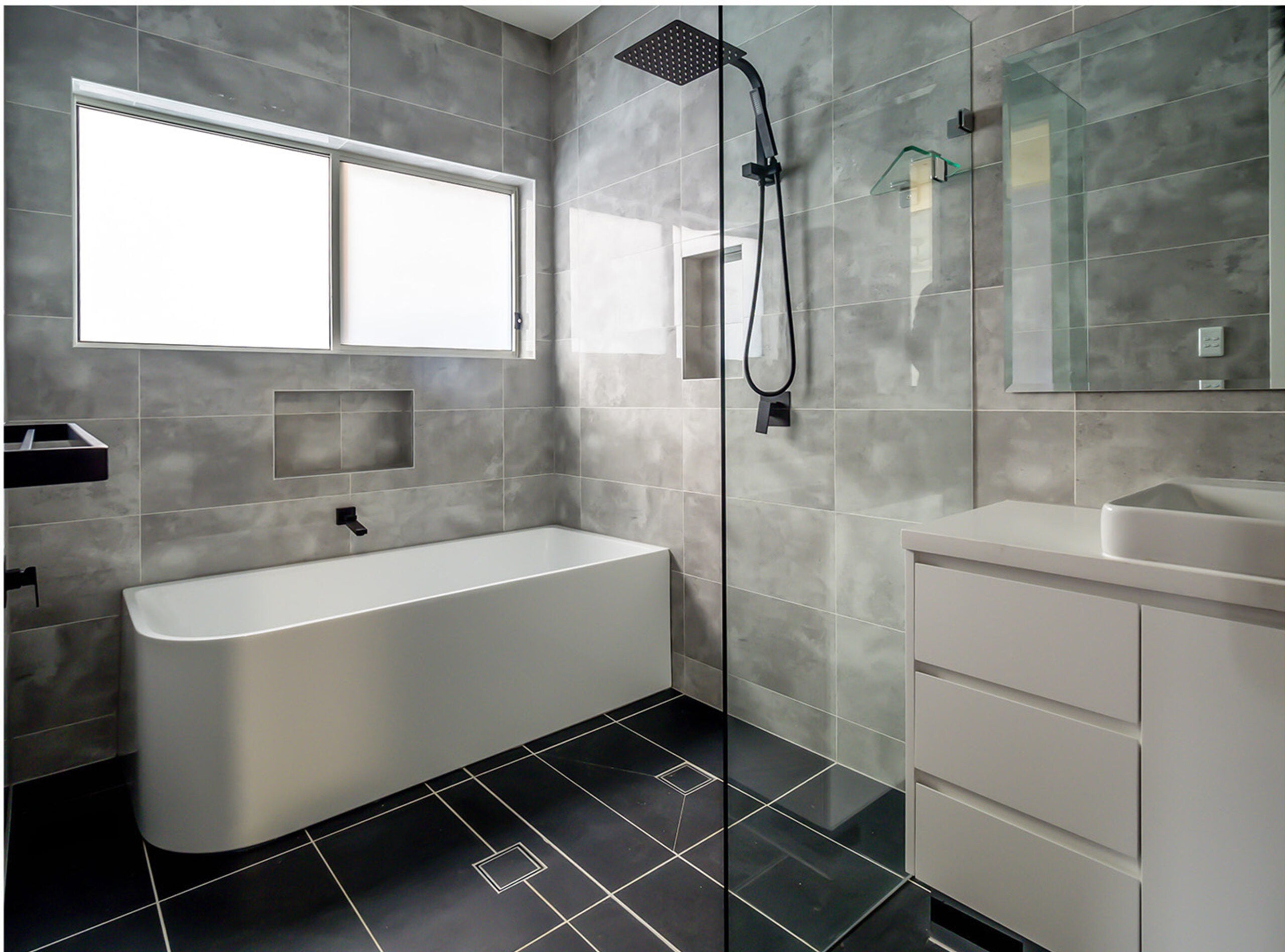 Flat white bathroom vanity with Sharknose finger pull detail by Renolux