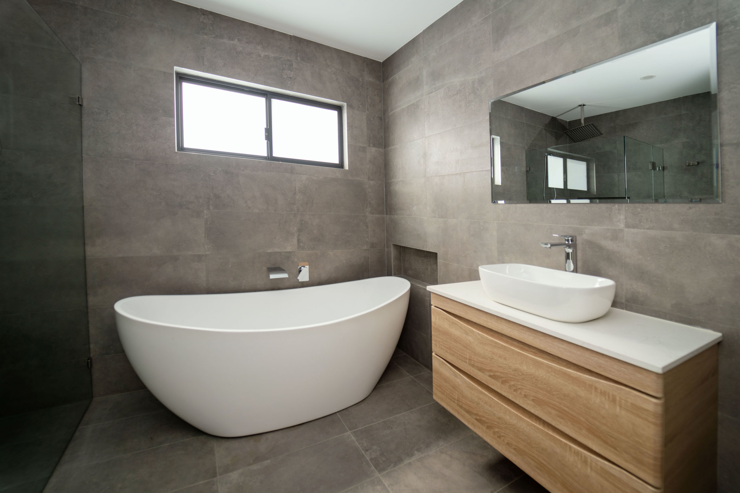 Single flat light walnut bathroom vanity by Renolux