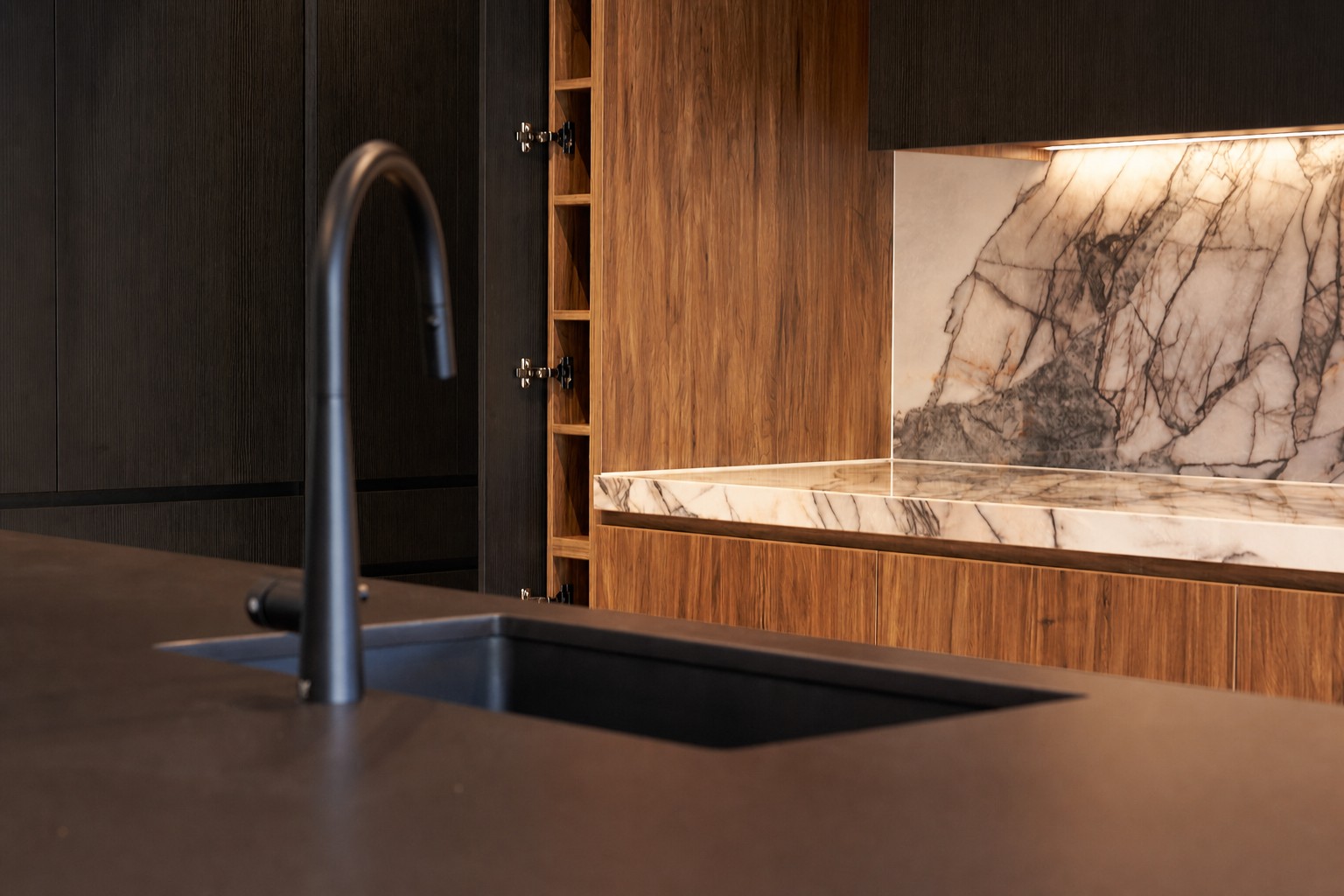 Flat black and wood grain custom kitchen joinery by Renolux