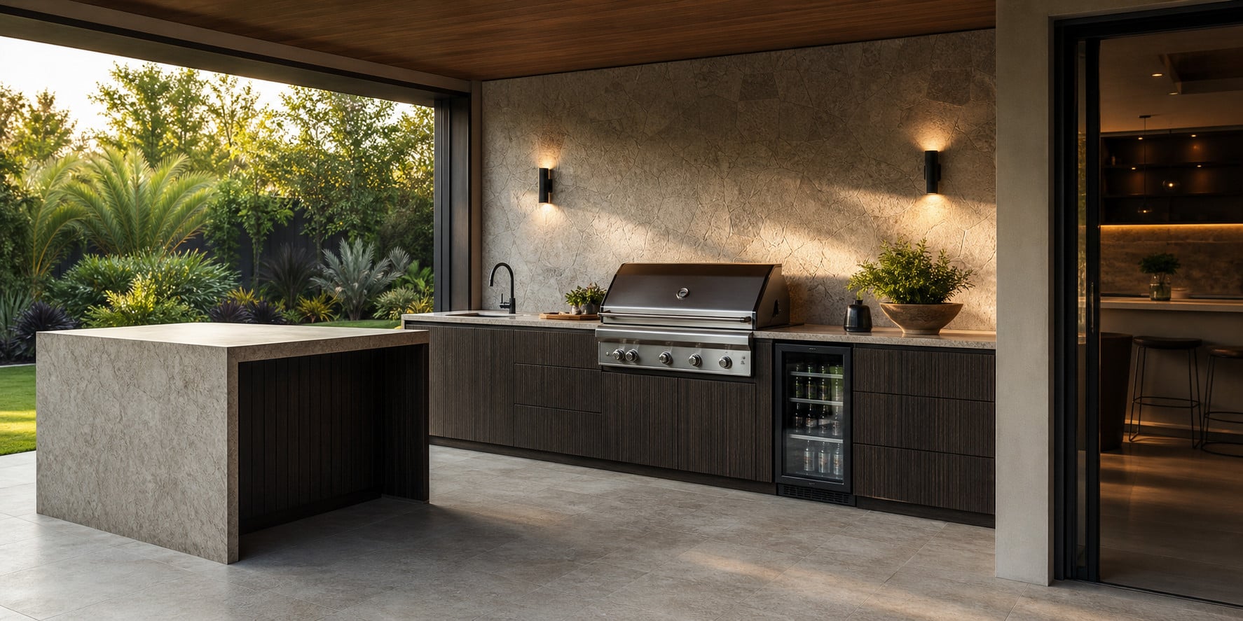 Premium alfresco barbeque joinery with integrated outdoor BBQ and stone benchtop by Renolux Sydney