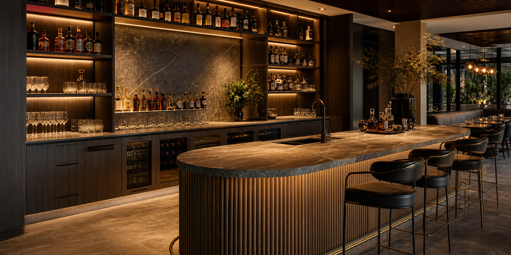 Premium custom bar joinery with stone counter and illuminated shelving by Renolux Sydney