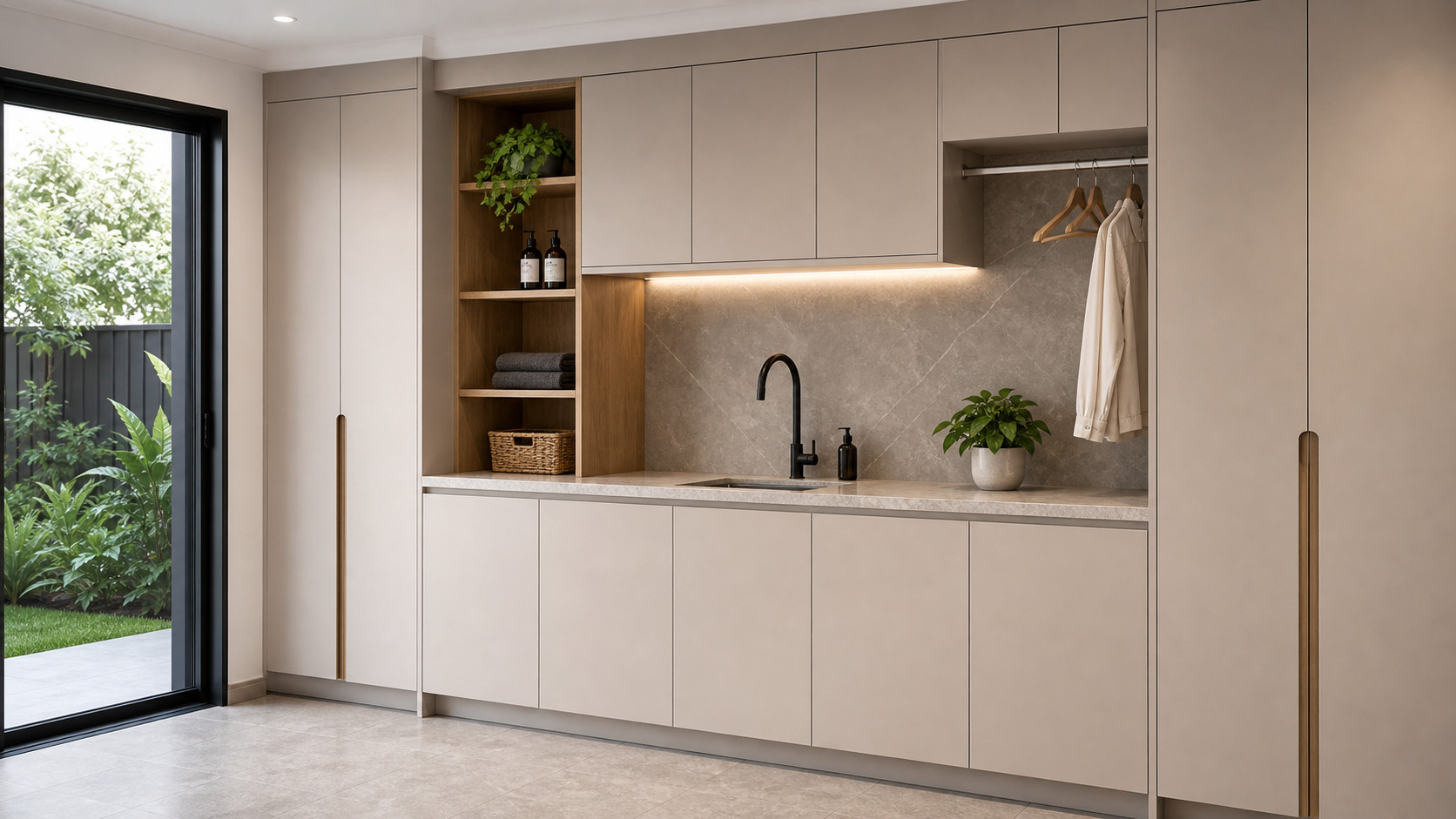 Premium custom laundry cabinets with closed tall storage, stone benchtop and hanging rail by Renolux Sydney